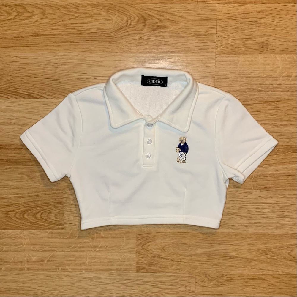 White Teddy Bear Polo Crop Top